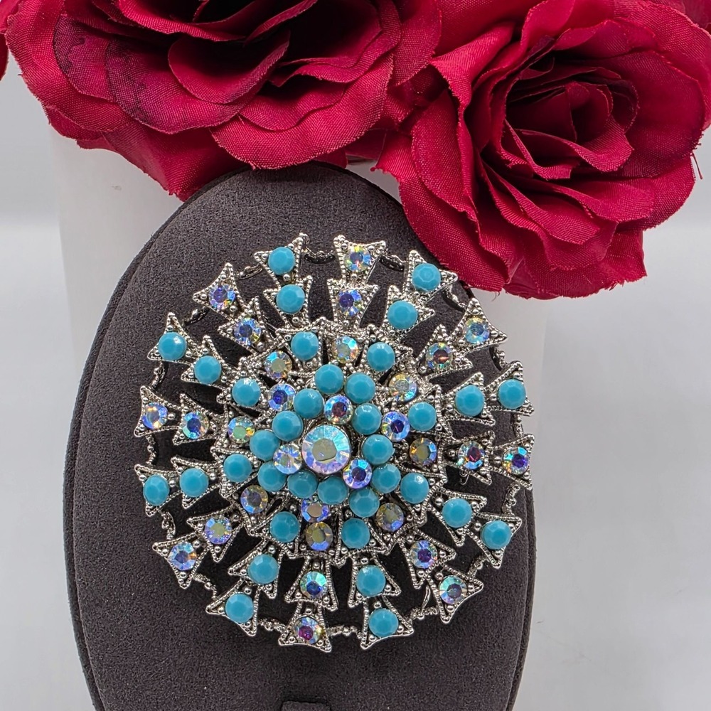 Vintage Turquoise Blue AB Rhinestone Brooch Silver Tone‎ Starburst Pin Intricate